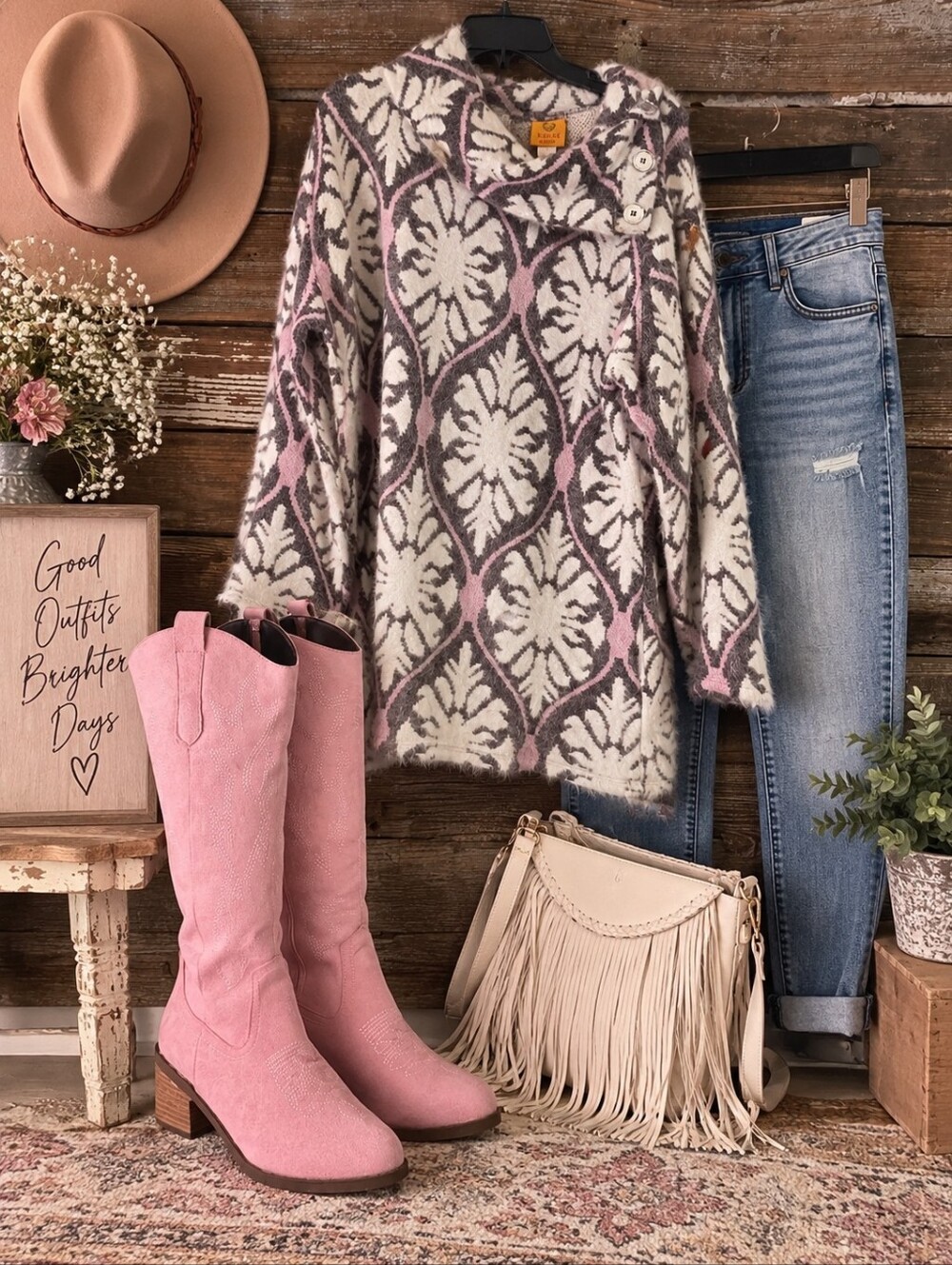 Ruby Rd Woman 1X Fuzzy Floral Tunic Sweater Pink Gray Metallic NWT